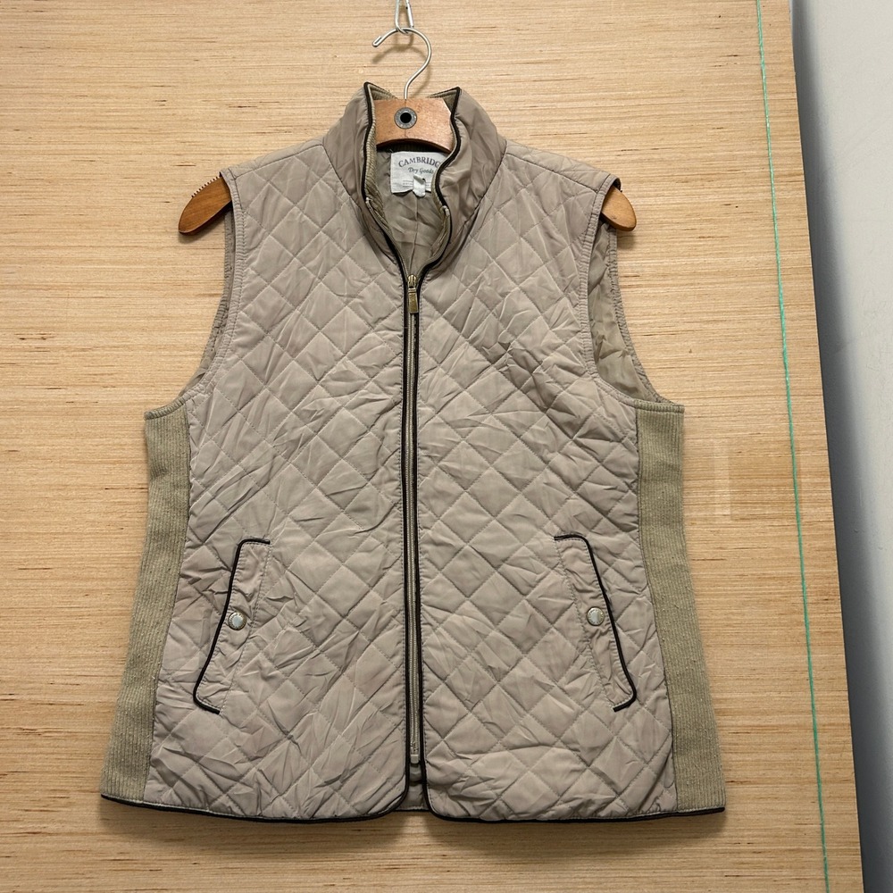 Cambridge Dry Goods Tan Quilted Vest Ribbed Sides Gold Hardware Large